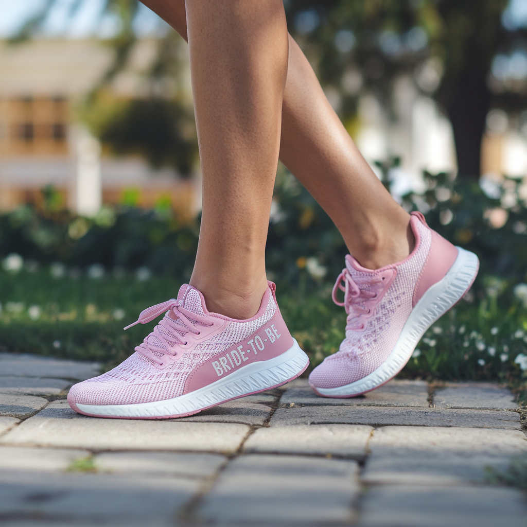 Close-up of a woman’s legs wearing pink athletic sneakers that say “BRIDE-TO-BE” on the side. The sneakers are worn outdoors on a paved walkway with a blurred background of greenery and a building.