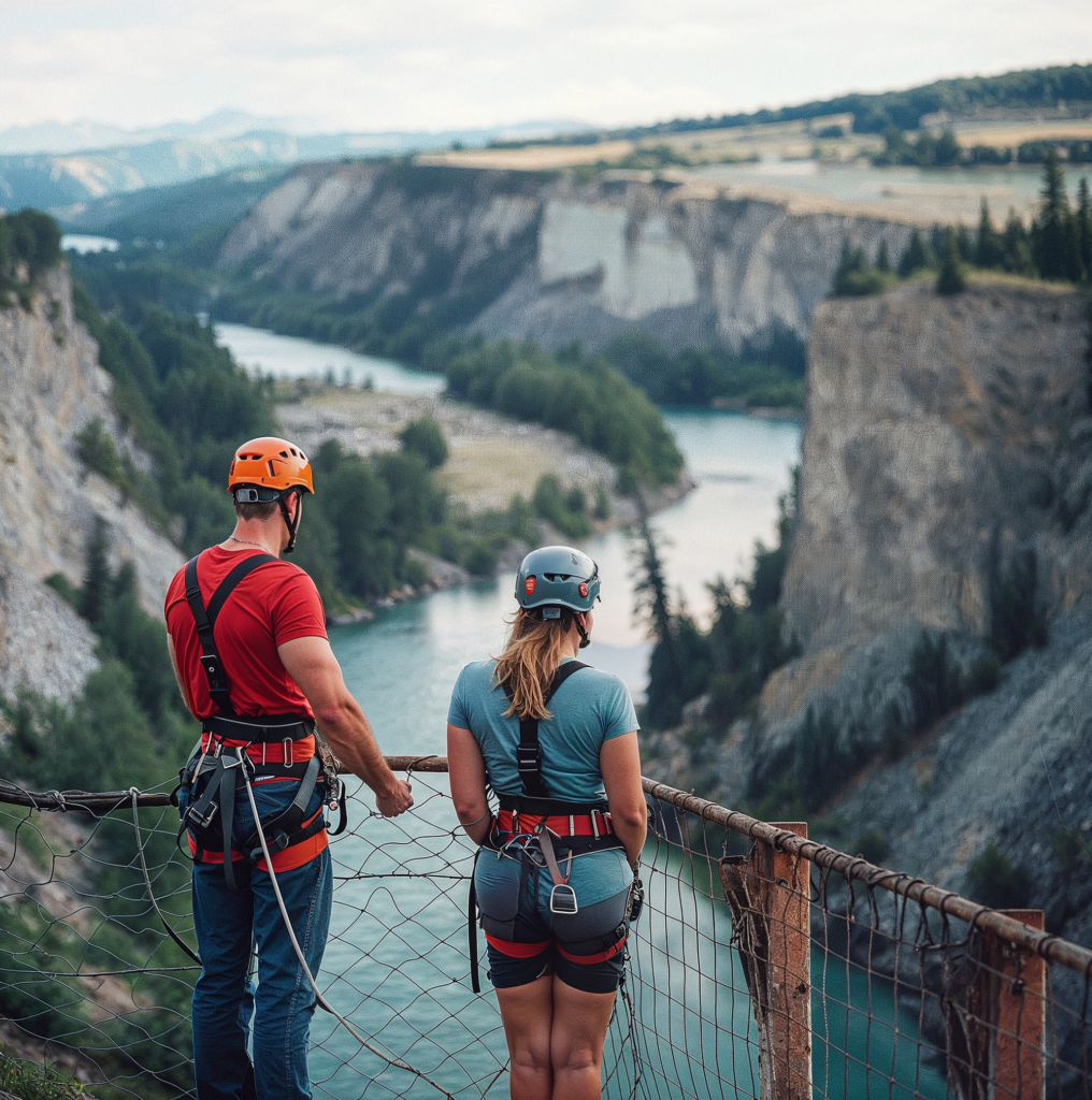 A man and a woman standing on a cliff edge, wearing helmets and safety harnesses, looking out over a deep river canyon. They appear to be preparing for a bungee jumping or zip-lining adventure. The scene is set against a backdrop of steep cliffs, dense green trees, and a winding river below, with mountains visible in the distance.