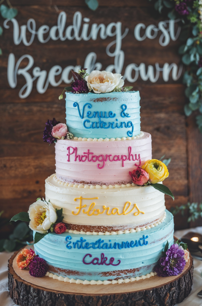 A beautifully decorated three-tiered wedding cake with pastel colors. The cake has text on each layer that reads "Venue & Catering," "Photography," "Filling," "Entertainment," and "Cake." There are floral decorations, and the background displays a sign that reads "Wedding cost breakdown."