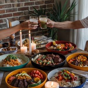 Two people toasting with glasses of juice over a table filled with various international dishes, including rice, beans, meat, and fresh salads. Candles are lit on the table, adding to the celebratory mood.