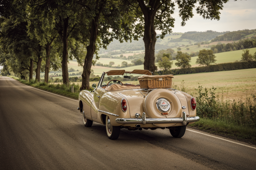 A beige vintage convertible car with a picnic basket on the rear is parked on a scenic country road surrounded by green fields and trees, capturing the peaceful ambiance of a countryside drive.