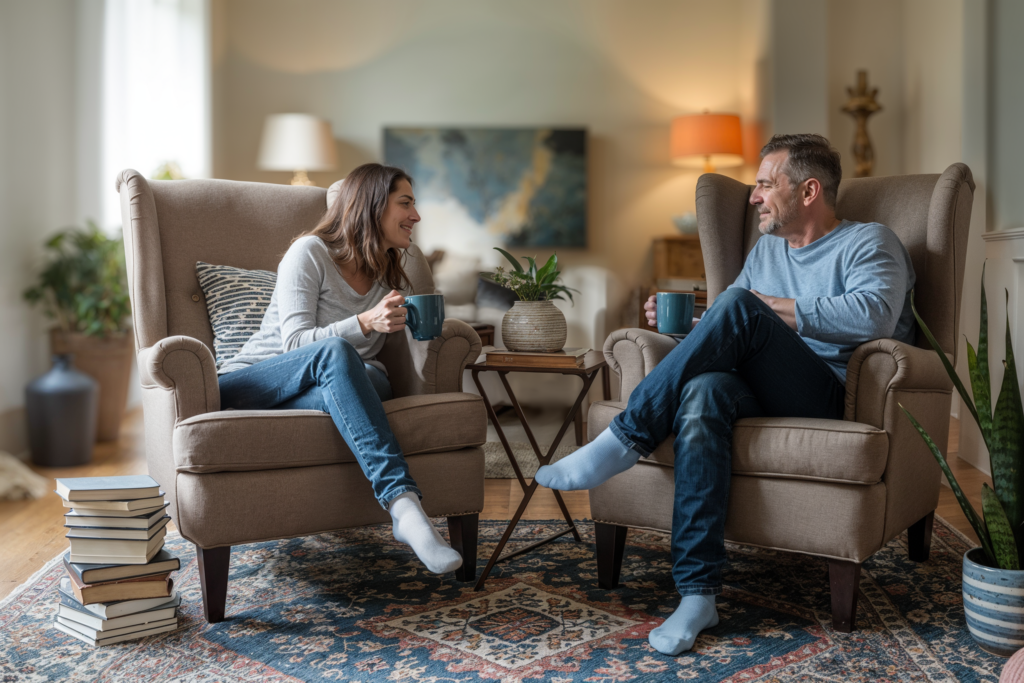 A couple sitting in comfortable armchairs, smiling and holding mugs, enjoying a conversation in a cozy living room filled with books and soft lighting. A serene and intimate atmosphere.