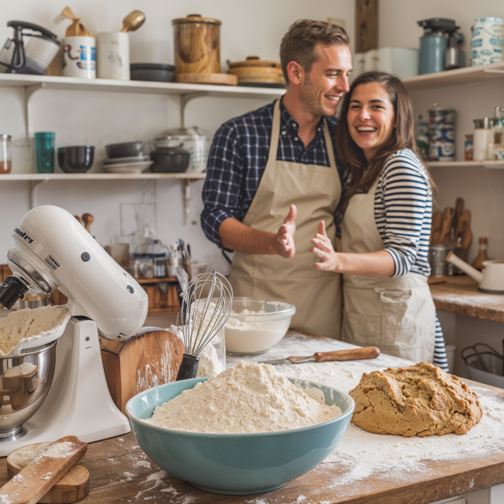 A kitchen filled with baking supplies, flour-dusted countertops, and a couple laughing while making desserts.