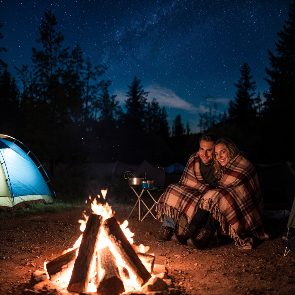 A young couple sitting close together, wrapped in a plaid blanket, by a campfire under a starry night sky. They are smiling and enjoying the cozy atmosphere, with a glowing tent in the background.