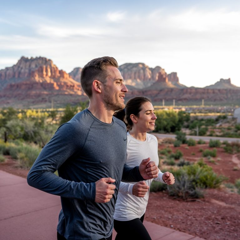 A man and a woman jogging outdoors on a scenic trail with beautiful red rock mountains in the background. They are both dressed in activewear and appear to be enjoying the early morning run