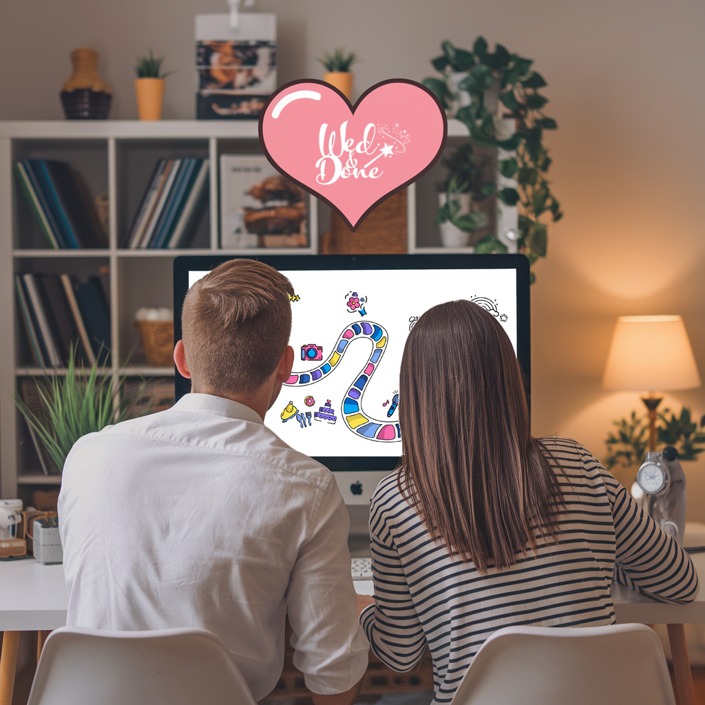 Couple sitting together at a desk, viewing the Wed&Done wedding planning path on a computer screen, symbolizing seamless wedding planning.