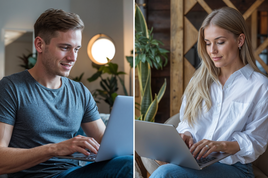 A split-screen image of a man and a woman sitting in separate cozy settings, both focused on their laptops, suggesting a virtual or long-distance communication moment.