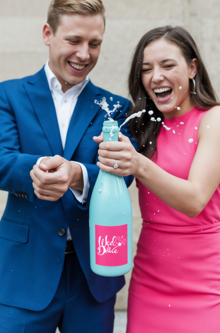 Happy engaged couple celebrating with Wed&Done-branded champagne bottle, popping the cork with excitement.