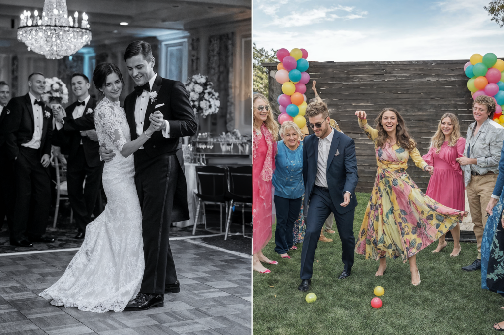 Split image showing two wedding styles: On the left, a black-and-white photo of a couple sharing a traditional first dance at a formal indoor reception, surrounded by guests in tuxedos. On the right, a lively outdoor wedding scene with guests in vibrant outfits playing lawn games, celebrating with colorful balloons, and embracing a playful, relaxed atmosphere.