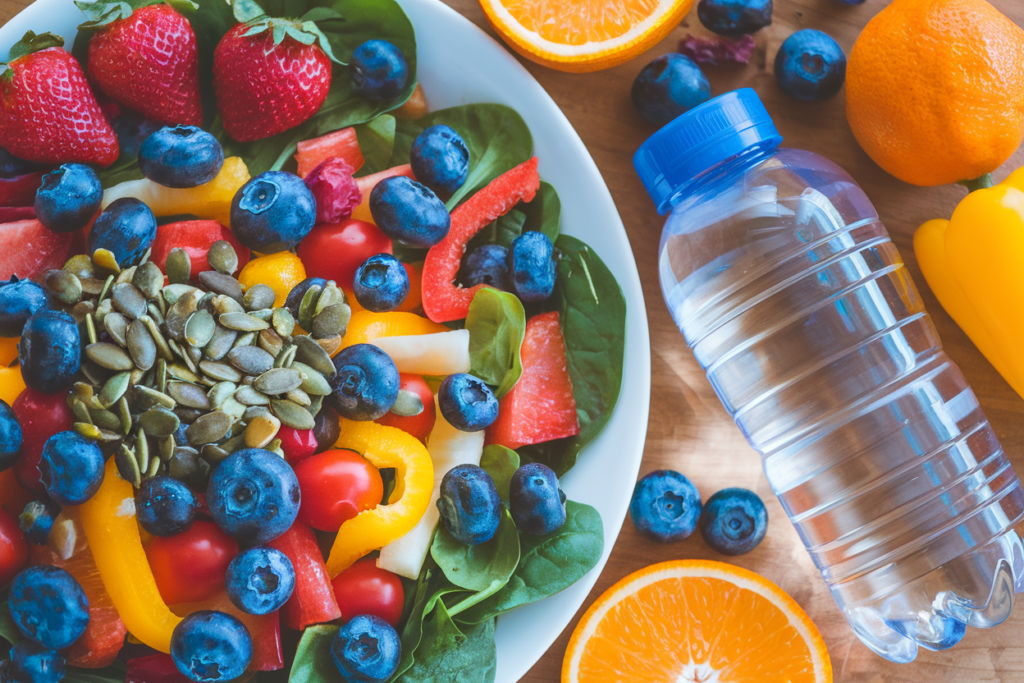 A top-down view of a colorful salad filled with fresh fruits and vegetables such as blueberries, strawberries, bell peppers, and spinach, topped with pumpkin seeds. A water bottle and additional fruits surround the salad