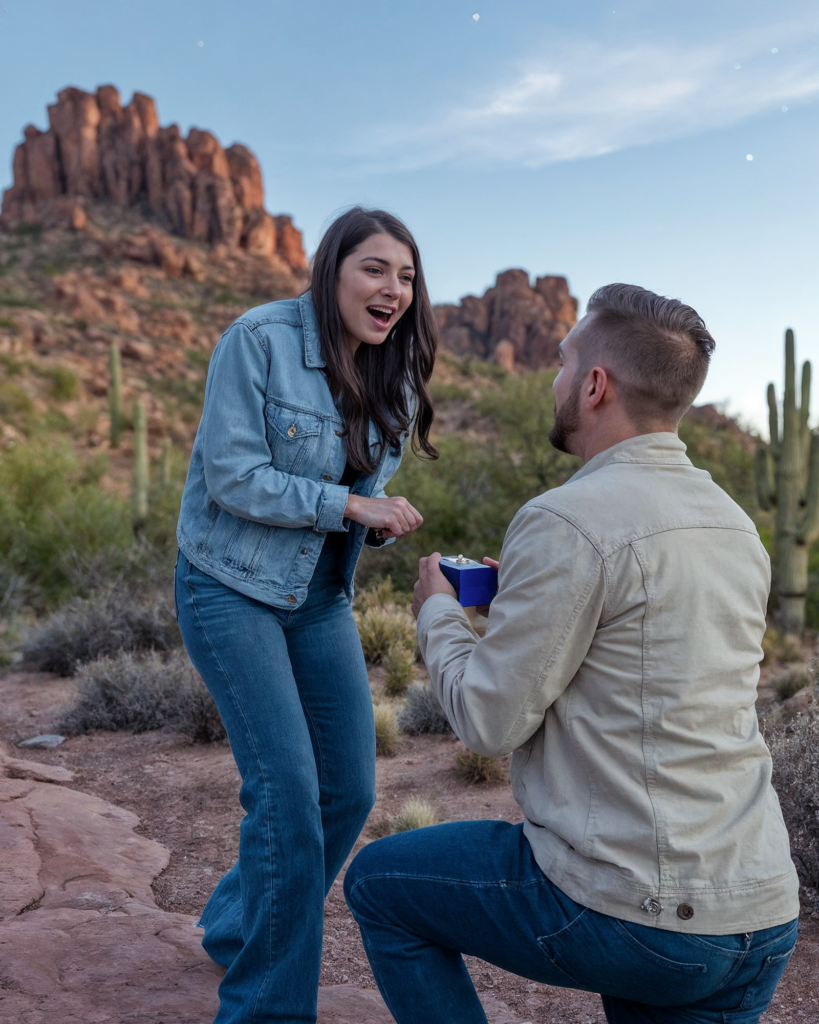 A romantic proposal unfolds in the Arizona desert as a man kneels with a ring, capturing his partner's joyful surprise amidst scenic red rocks and towering cacti.