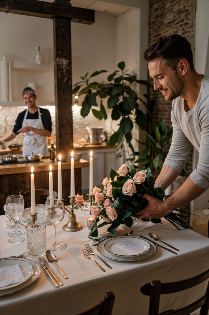 A man smiling as he places a bouquet of pink roses on an elegantly set dinner table with lit candles, glassware, and dinner plates. In the background, a chef is cooking in a warm, cozy kitchen environment.