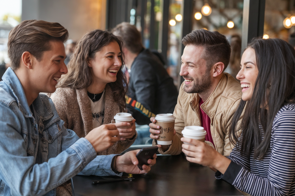 A group of four friends, two men and two women, sitting together at a café table and enjoying coffee. They are smiling and engaged in lively conversation, each holding a coffee cup. One person is holding a smartphone. The atmosphere is warm and vibrant, with soft lighting from the café's interior and a blurred background of other patrons. The friends are dressed casually, reflecting a relaxed and comfortable gathering.