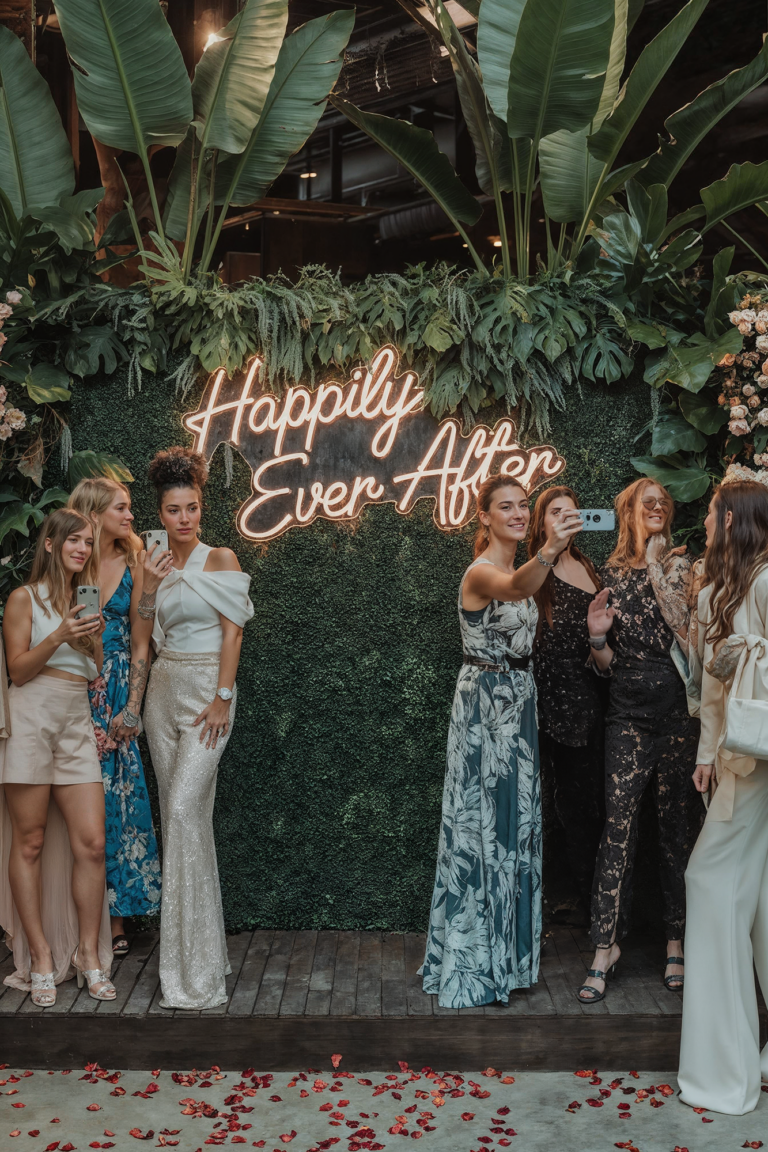 Group of wedding guests posing for a selfie in front of a “Happily Ever After” neon sign, surrounded by lush green foliage and romantic decor.