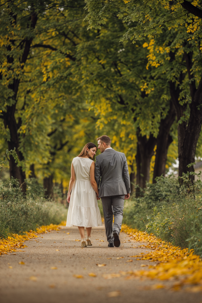 A young couple walking hand in hand down a tree-lined path covered with yellow leaves. The woman is wearing a white dress and the man is in a gray suit, smiling at each other as they stroll.