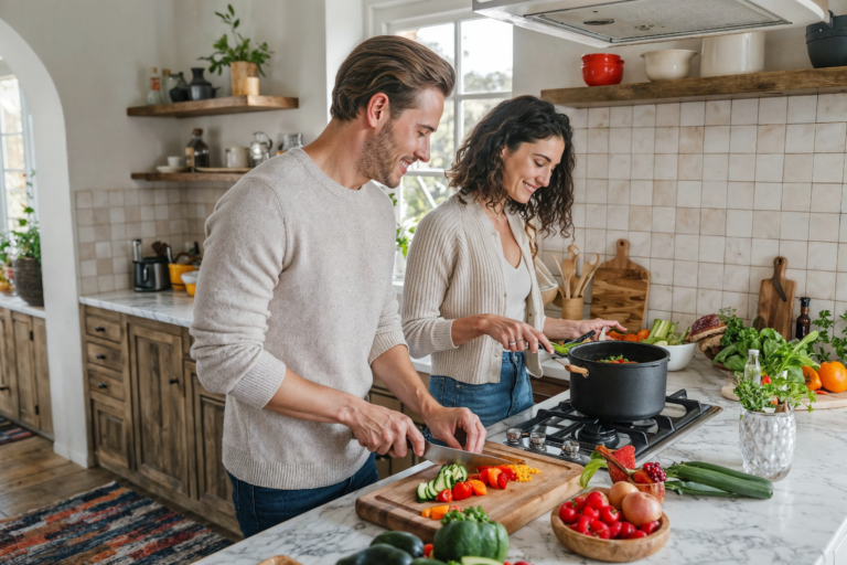 A smiling couple prepares a healthy meal together in a bright, modern kitchen. The man is chopping vegetables while the woman stirs a pot on the stove. The scene is filled with fresh ingredients like peppers, tomatoes, and herbs.