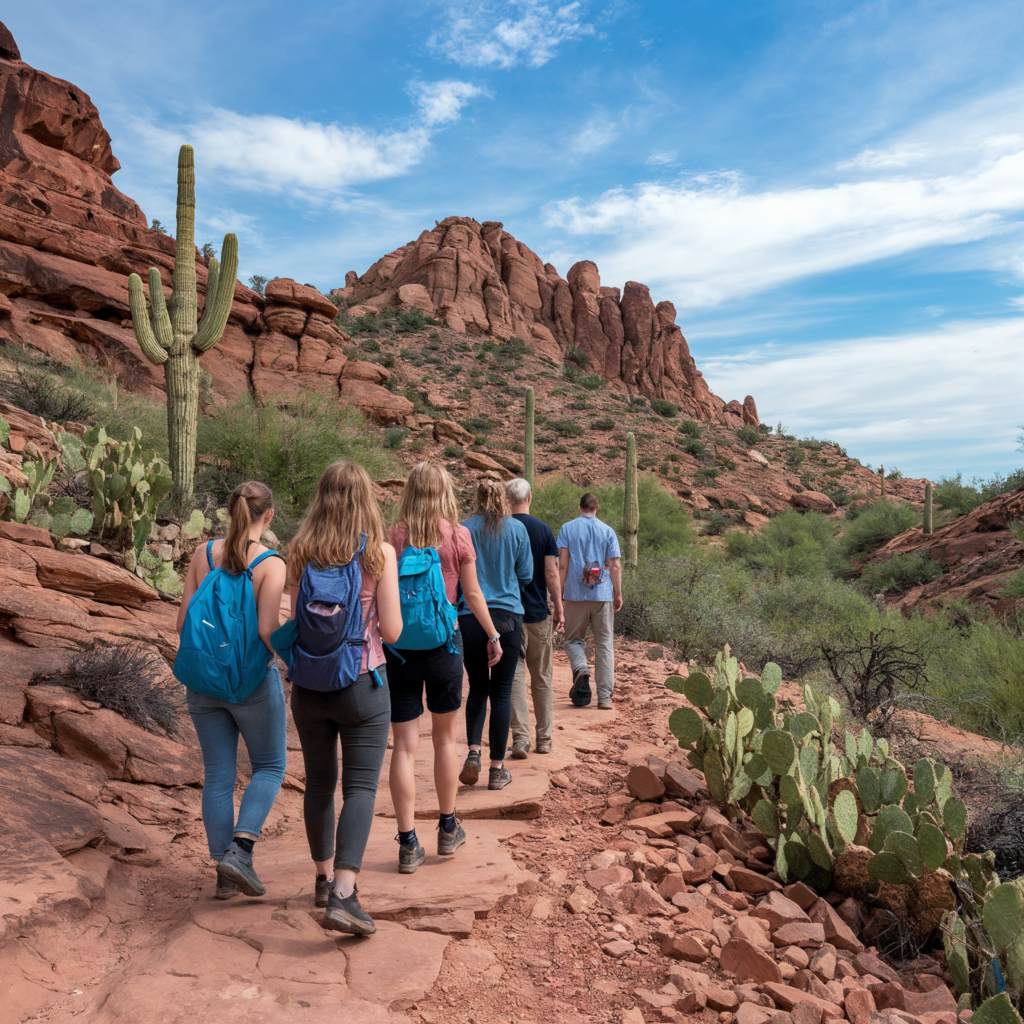 A group of friends hiking along a scenic desert trail, surrounded by red rocks and cacti. The hikers are wearing casual outdoor attire and backpacks, enjoying a bright and sunny day.