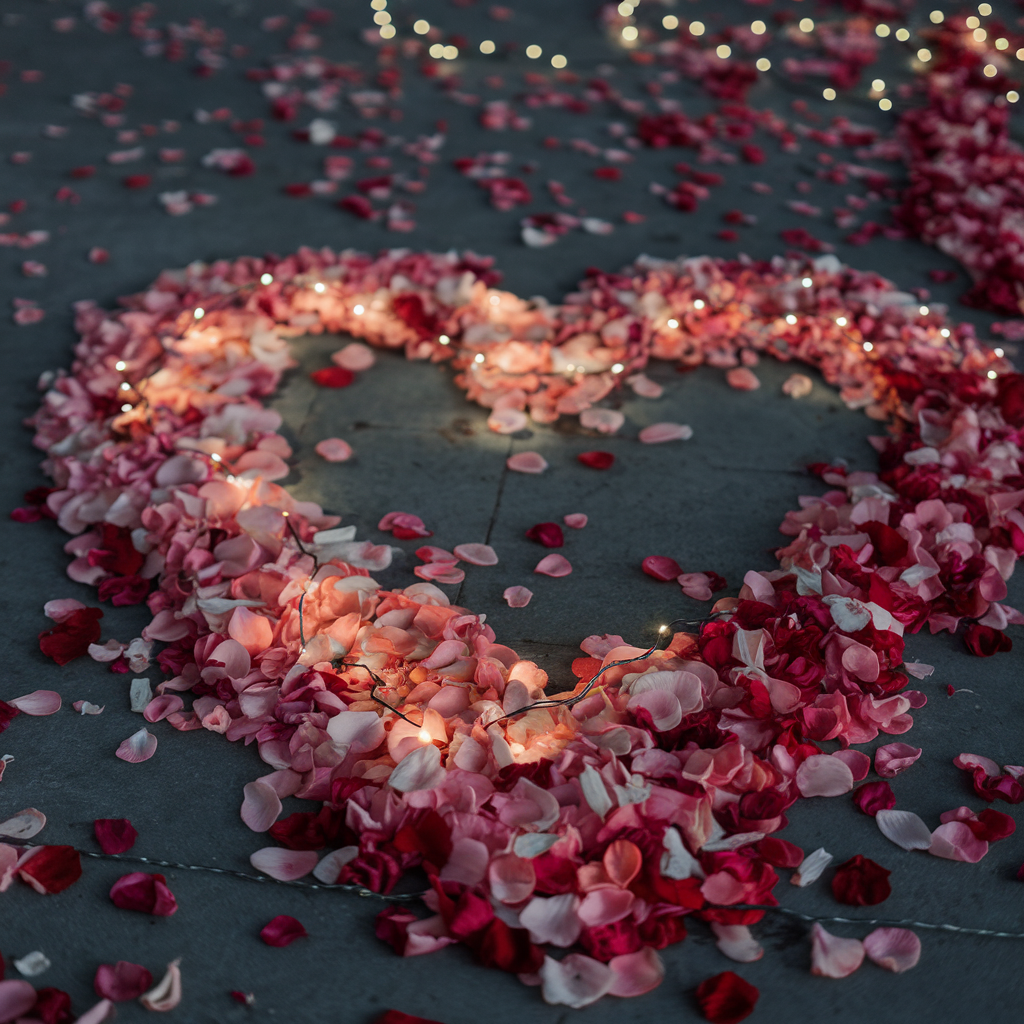 Romantic heart made from pink rose petals and fairy lights, creating an enchanting wedding decor centerpiece.