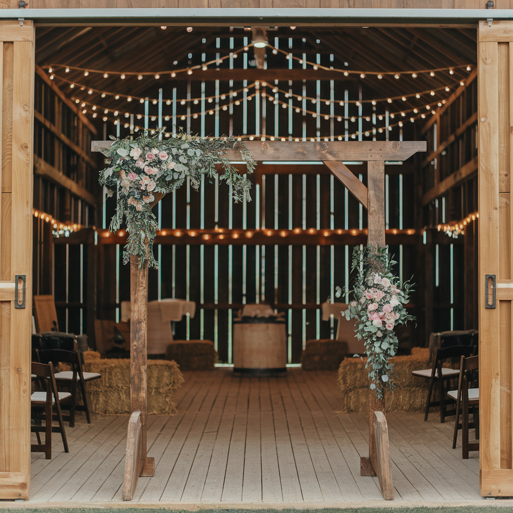 Rustic wooden barn adorned with floral arrangements and string lights, perfect for a charming country wedding.