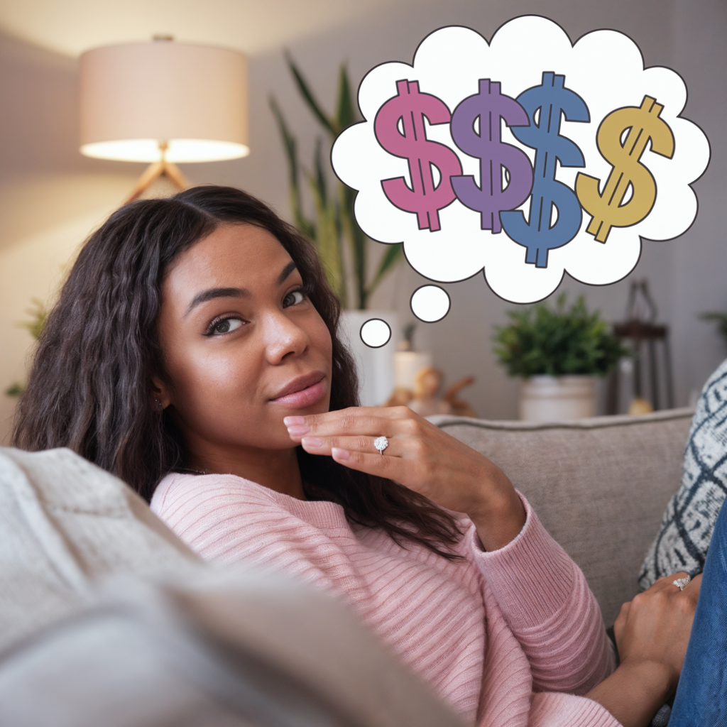 A young woman with long black hair sitting on a couch, resting her chin on her hand, and wearing a pink sweater. A thought bubble above her head contains colorful dollar signs, implying she is thinking about money.