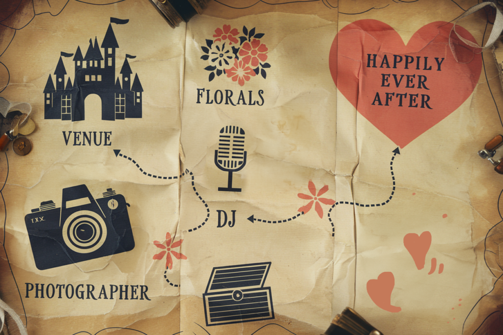 Wedding planning treasure map concept featuring icons for venue, florals, photographer, DJ, and a heart labeled 'Happily Ever After.' A dotted path connects the elements, symbolizing an adventurous journey toward the perfect wedding day.