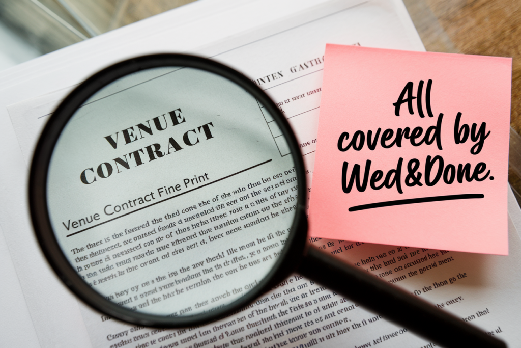 Close-up of a venue contract under a magnifying glass with a pink note that reads 'All covered by Wed&Done,' highlighting stress-free wedding planning services.