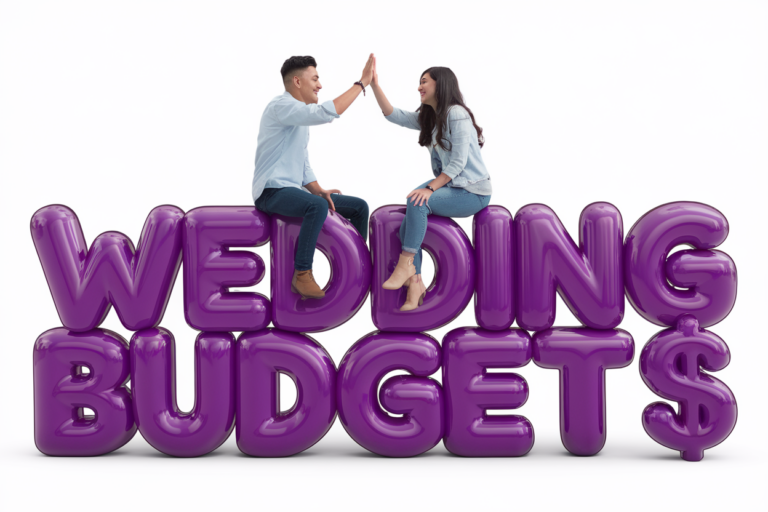 A young couple sitting on large, inflated purple letters that spell out "WEDDING BUDGET$." The couple is giving each other a high five while smiling and wearing casual blue shirts and jeans