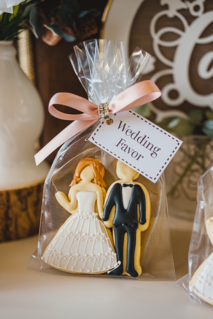 Custom bride and groom wedding cookies wrapped in clear packaging with a wedding favor tag, showcasing creative wedding favors for guests