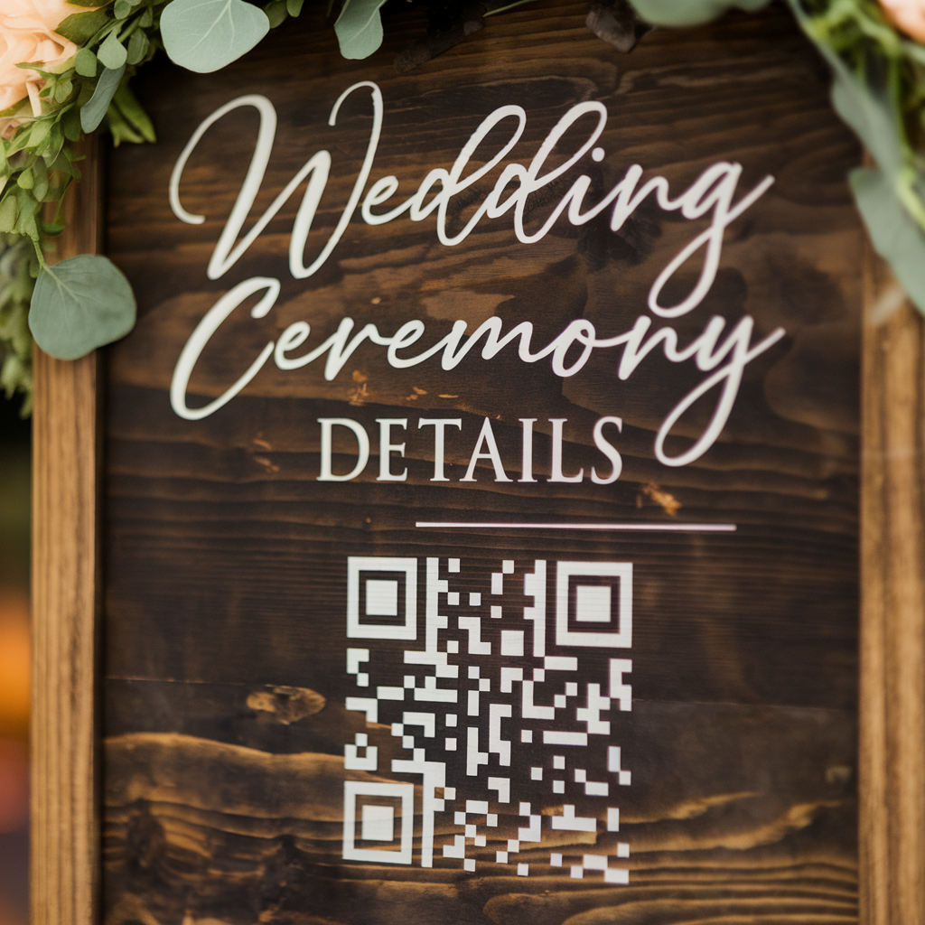 Close-up of a rustic wooden wedding sign decorated with flowers, featuring the text “Wedding Ceremony Details” and a QR code for easy guest access to event information.