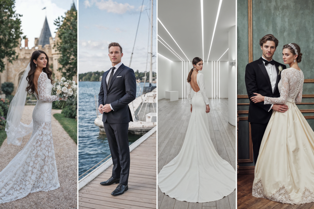 Collage featuring stylish wedding outfits, including lace bridal gowns, tailored suits, and elegant wedding attire for various settings.