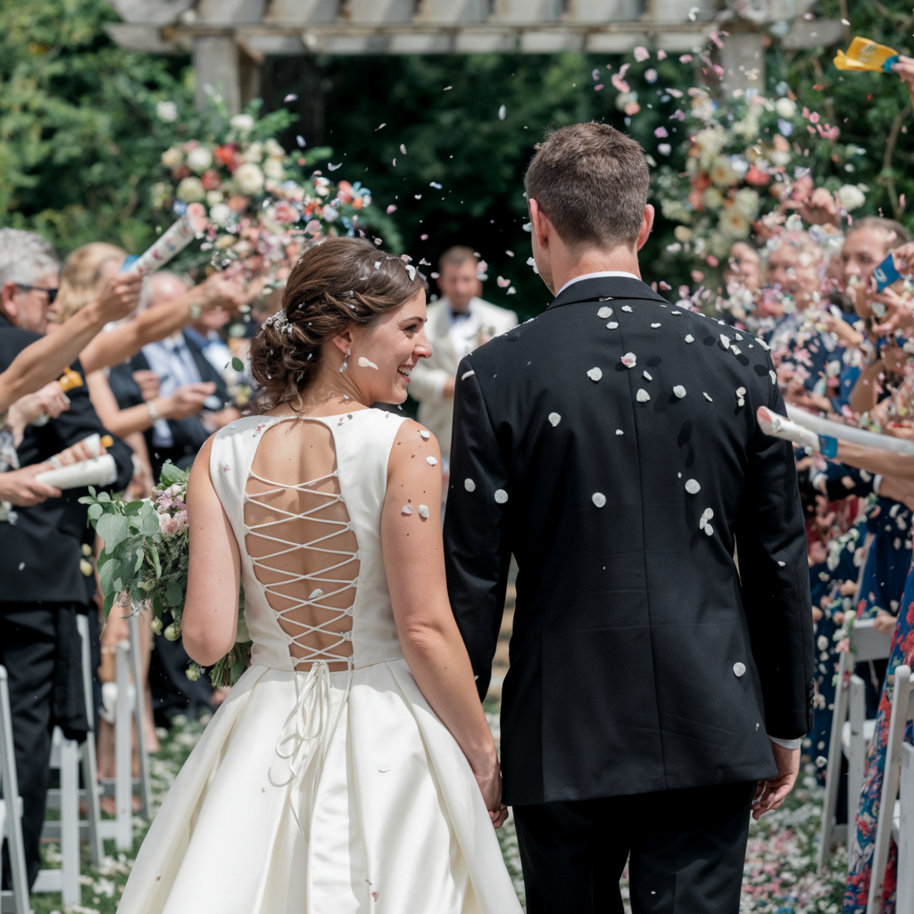 Bride and groom walk hand-in-hand down the aisle as guests celebrate with a joyful petal toss, marking a vibrant wedding exit.