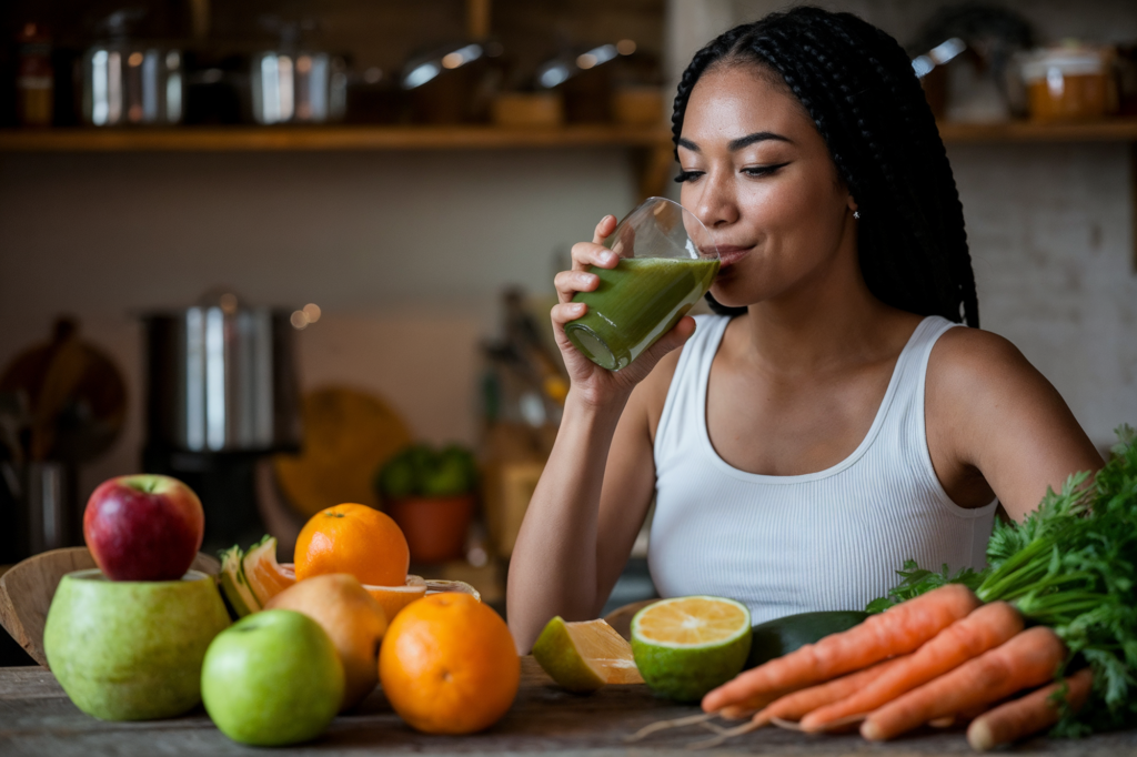 A woman with long braids sitting at a kitchen table, enjoying a glass of green juice. Around her, there is an array of fresh fruits and vegetables, including apples, oranges, carrots, and leafy greens.