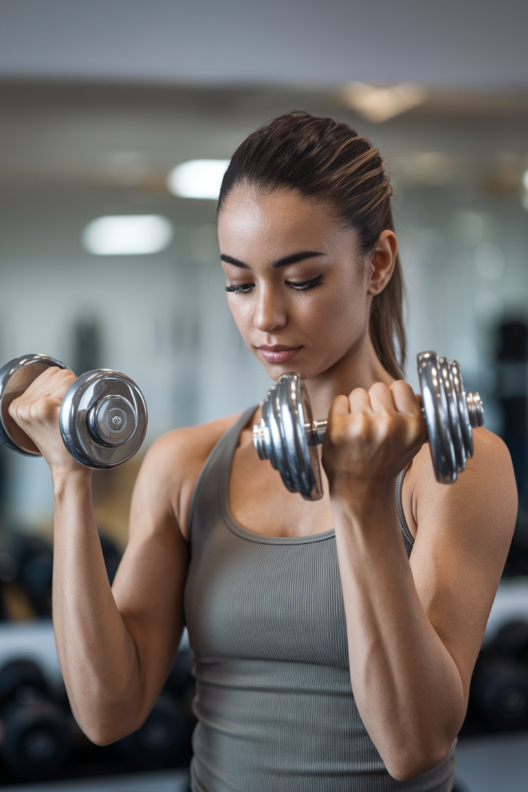 A young woman focused on lifting a set of dumbbells in a gym. She is wearing a grey athletic top and has her hair tied back, demonstrating strength and concentration while performing a bicep curl.