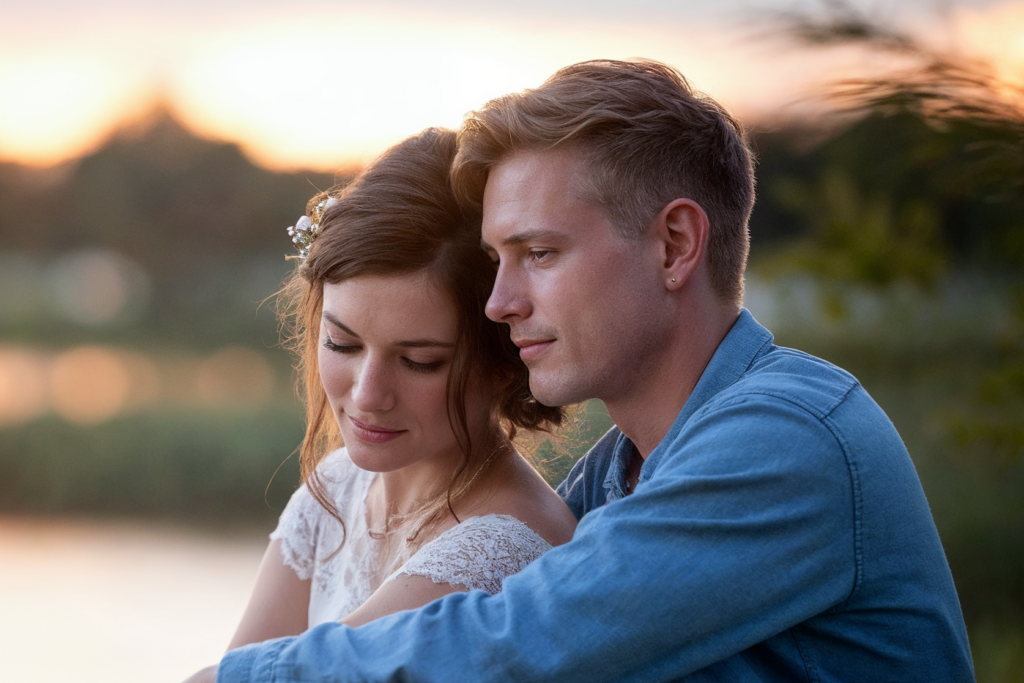 A tender moment of a bride and groom embracing with a sunset backdrop, emphasizing romantic wedding photography during golden hour.