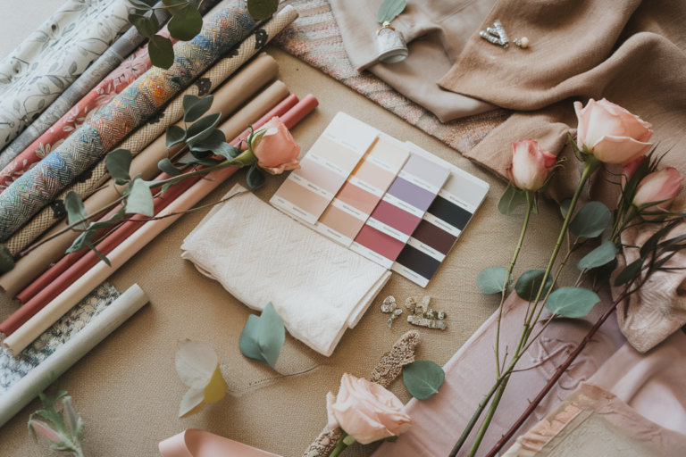 Flat lay composition of textured fabrics, color swatches, and soft pink roses, showcasing wedding color themes, fabric textures, and decor inspiration for a cohesive wedding aesthetic.