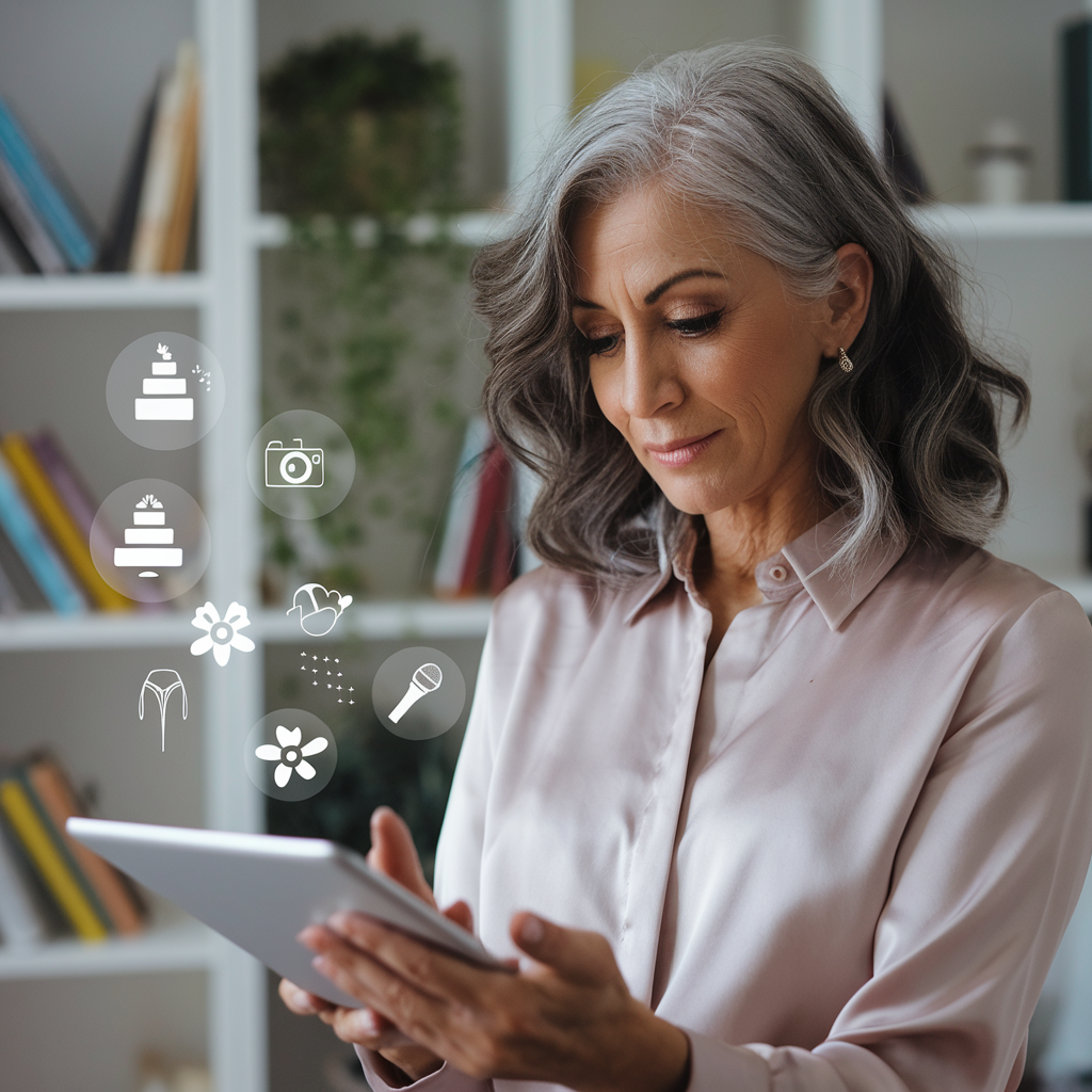 A mature woman with gray hair using a tablet to plan a wedding, with icons representing different wedding elements like cake, flowers, and photography. Showcasing the convenience of digital tools in modern wedding planning.