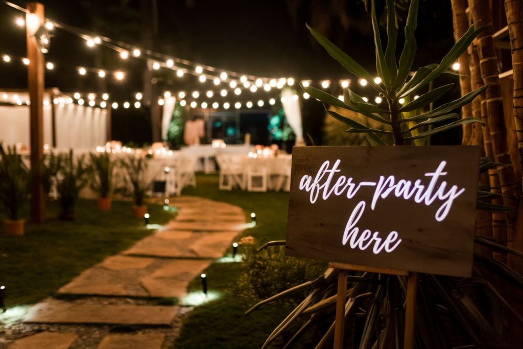 A warmly lit outdoor venue with a wooden sign reading 'after-party here' illuminated in cursive script. A stone path leads to tables and chairs under string lights, creating an inviting atmosphere for an after-party.