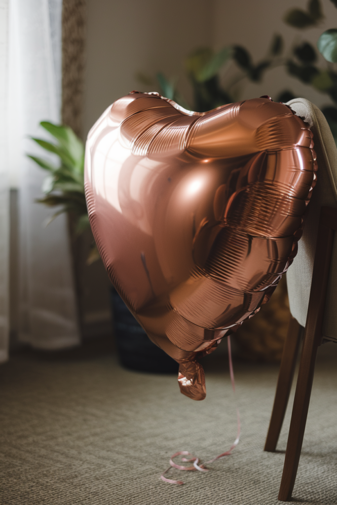 A metallic heart-shaped balloon deflating in a cozy room, symbolizing the emotions and fleeting moments surrounding wedding celebrations.