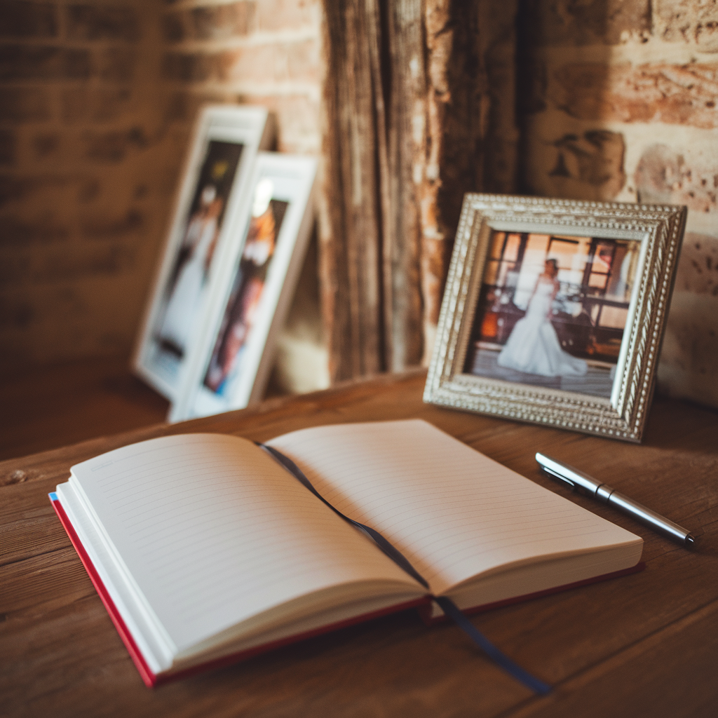 An open wedding journal and framed wedding photos on a rustic wooden table, highlighting the significance of planning and documenting wedding memories.