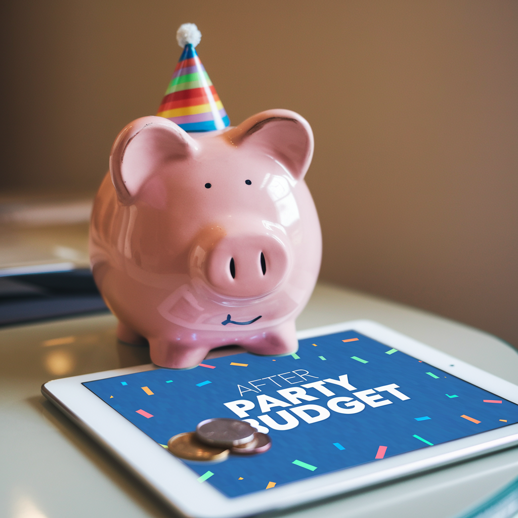 A photograph of a tablet that says "party budget" with a piggy bank sitting next to it