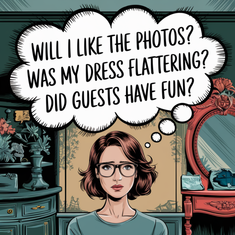 An illustration of a bride with thought bubbles reflecting common pre-wedding worries, including thoughts about photos, dress, and guest enjoyment – perfect for articles about wedding planning anxiety.