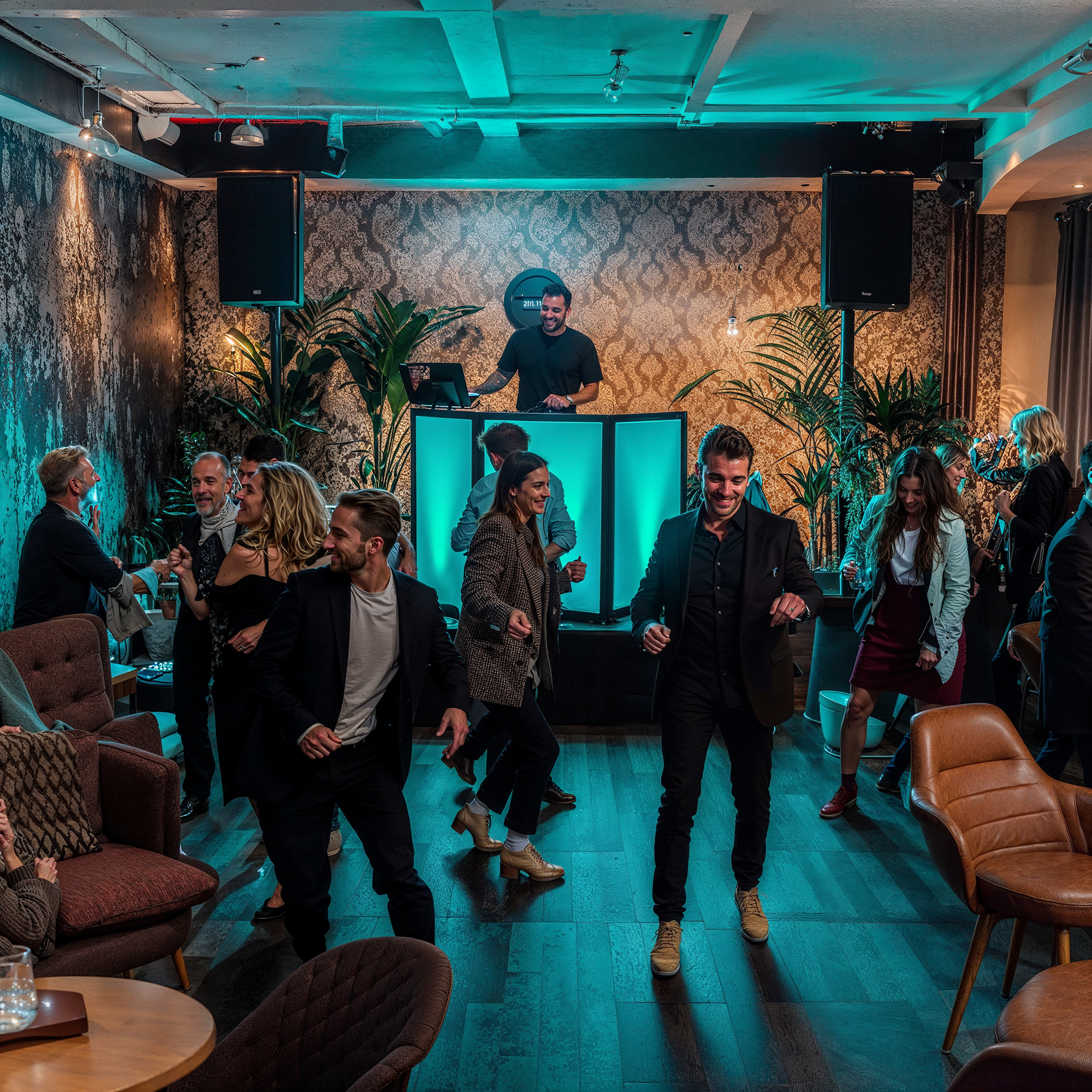 A lively dance scene with guests dancing to a DJ’s music in a cozy indoor space, illuminated with teal and blue lights, with a mix of lounge seating around the dance floor.