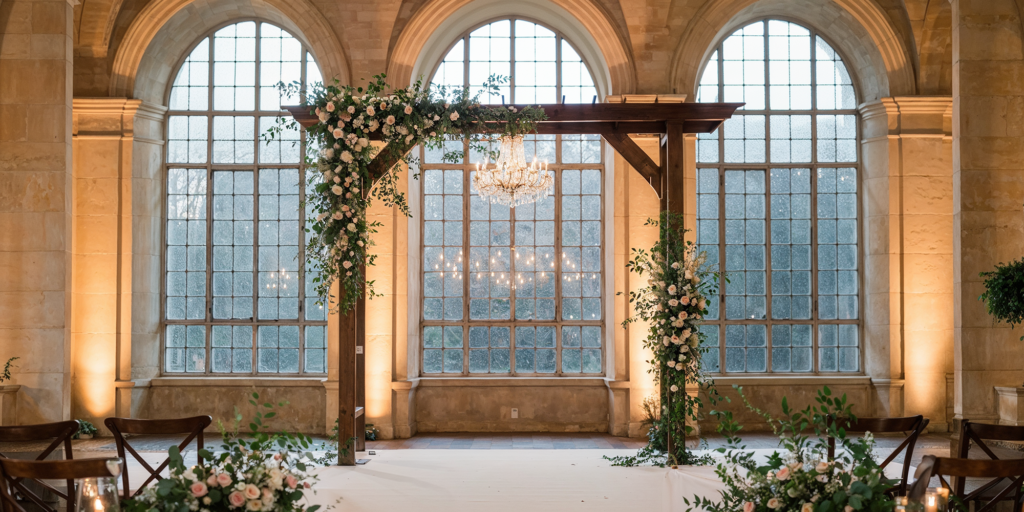 Elegant ceremony arch decorated with lush flowers and greenery, set against grand arched windows. Perfect inspiration for indoor wedding ceremonies and timeless floral décor.