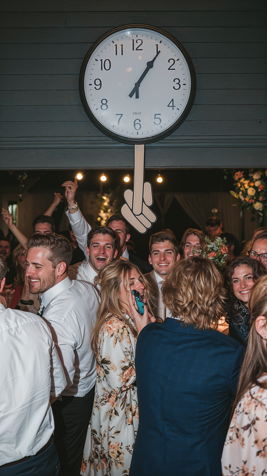 A close-up of a large clock showing one minute past midnight as guests cheer and celebrate, symbolizing the excitement of a new beginning.