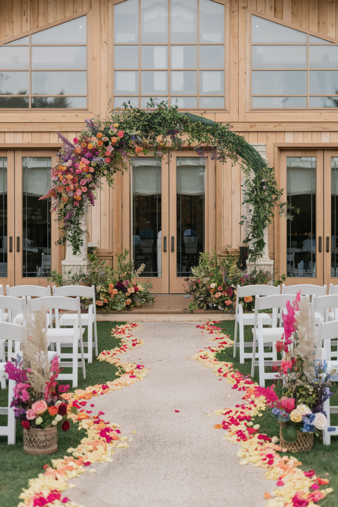 A beautiful wedding arch decorated with colorful flowers, set up in front of a wooden venue with large windows. A flower-petal aisle leads to the arch, adding a romantic touch for an outdoor wedding ceremony.