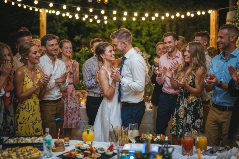 A bride and groom share a romantic dance at their wedding reception, surrounded by smiling guests under warm string lights.