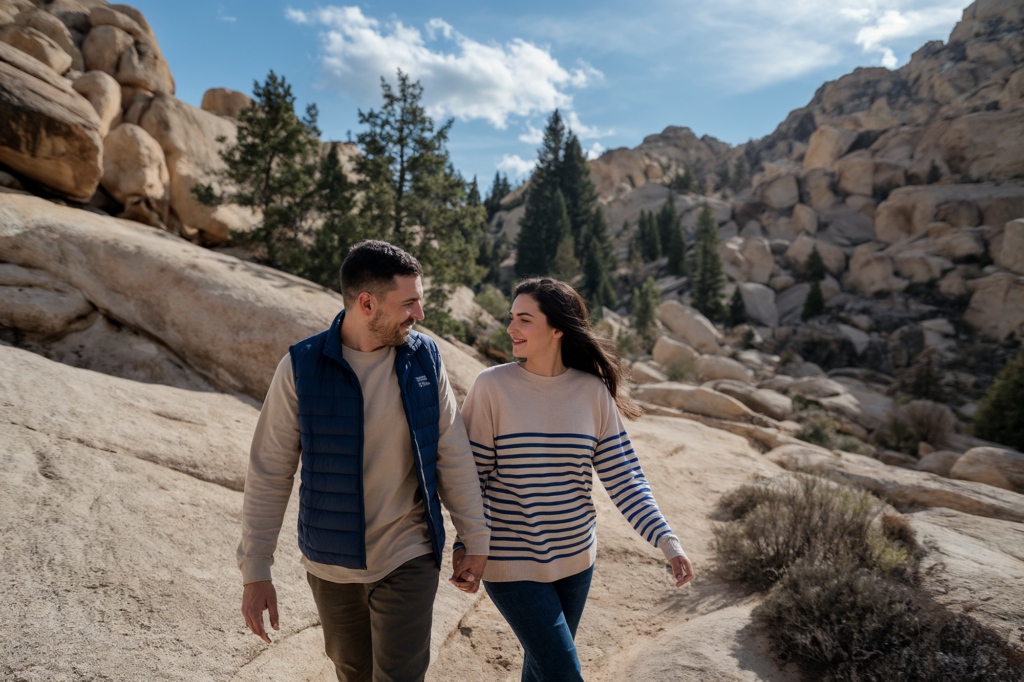 Engaged couple holding hands and walking together in a scenic, rocky landscape, ideal for adventurous engagement photo ideas in nature.