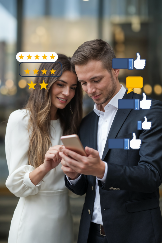 A stylish couple reviewing wedding vendor ratings on a smartphone, surrounded by social media icons like thumbs up, stars, and comments. Ideal for illustrating the importance of online reviews and social media feedback in wedding planning.