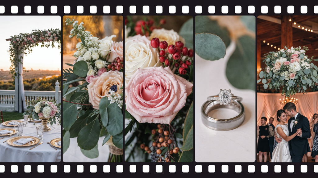 A film reel-style strip showcasing cohesive wedding elements, including a floral wedding arch, delicate bridal bouquets, an engagement ring, and a romantic dance scene, capturing memorable wedding moments with a vintage aesthetic.