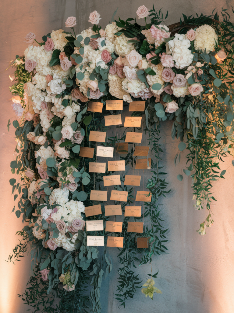 Luxurious wedding escort card arrangement with cascading floral decor, featuring blush and white roses with eucalyptus, creating an elegant and sophisticated display for guest seating assignments.